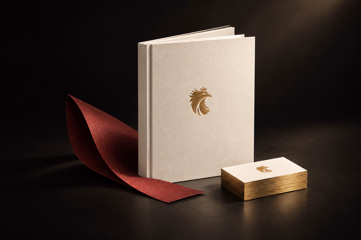 Ivory Crown Phoenix identity book, gold-edged cards and sculptural crimson paper